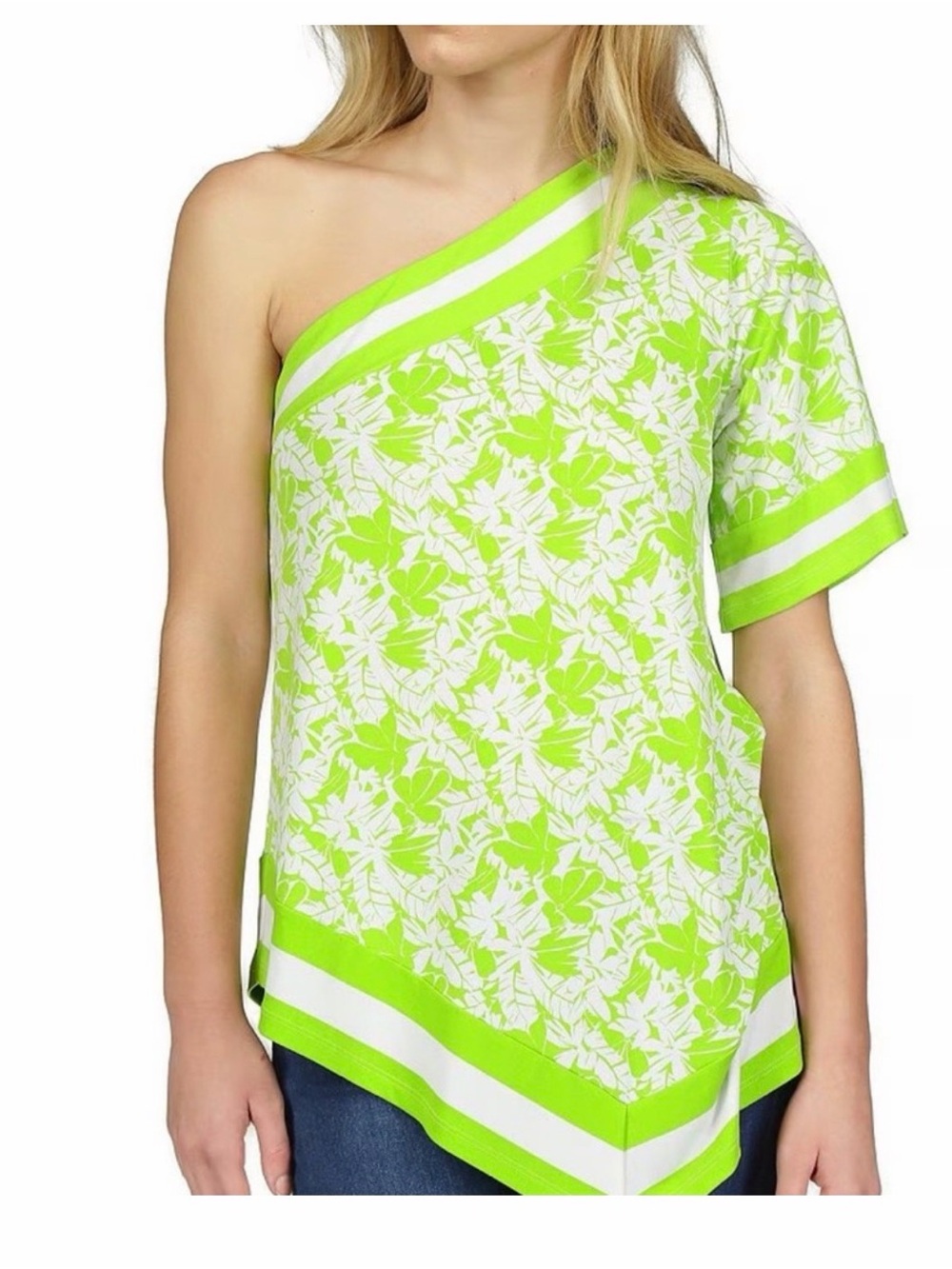 MICHAEL Michael Kors Neon Green and White One-Shoulder Floral Top